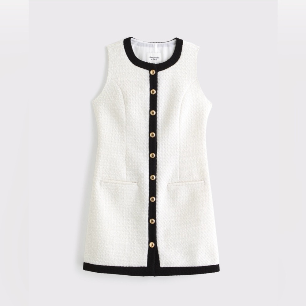 Elegant White and Black Tweed Sleeveless Mini Dress